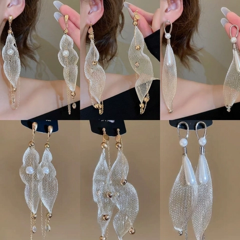 Palace Style Vintage Long Tassel Drop Earrings With Mesh Leaf Design Imitation Artificial Pearls 925 Sterling Silver Earring Post