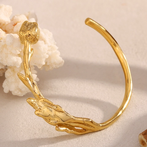 Bracciale Rigido Fiore Tulipano Acciaio Inossidabile Placcato Oro 18K Polsino Aperto Regolabile Stile Naturale