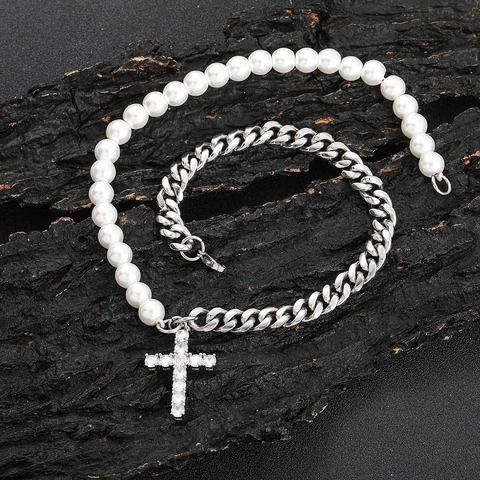 Stainless Steel Cuban Chain Mixed Glass Artificial Pearl Necklace With Iced Out Copper Zircon Cross Pendant Hip Hop Style Unisex