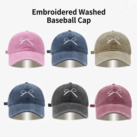 Gewaschene Baumwolle Baseballkappe Für Damen Vintage Schleifenbestickung Verstellbarer Hut Atmungsaktiv Outdoor Sonnenschutz