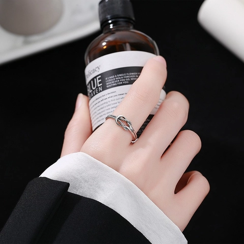 925 Sterlingsilber Gedrehter Knoten Offener Ring Für Damen Vintage Thai Silber Stil Verstellbar Punk Hip Hop Einfach Schmuck