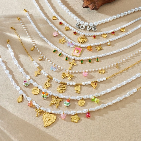 Artificial Pearl Necklace Stainless Steel Heart Butterfly Bow Pendant Retro Choker For Women Fashion Trendy Jewelry