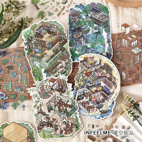 DIY Szene Aufkleber PET Karton Scrapbooking Journaling Isometrische Miniatur Haus Architektur Handgezeichnet Ästhetisch