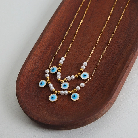 Evil Eye Anhänger Halskette Titanstahl Vergoldet Kunstperle Künstliche Perlen Retro Boho Schmuck Für Damen