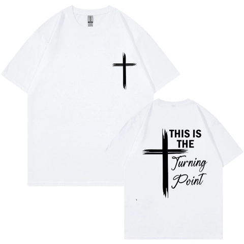 T-Shirt Uomo Cotone Girocollo Maniche Corte Stampa This Is The Turning Point Slogan Croce Estate Casual Top Largo