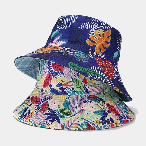 Chapeau Bob Réversible pour Femmes Large Bord Protection Solaire Été Plage Imprimé Floral Feuille Tropicale Plaid Chapeau