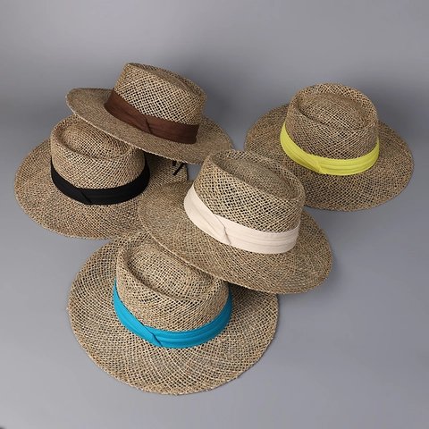 Straw Fedora Hat Wide Brim Summer Beach Sun Hat 100% Salt Grass Hollow Weave Breathable Foldable Elegant Travel Hat