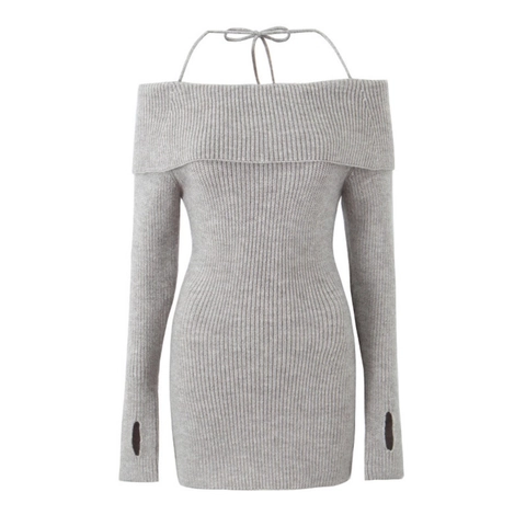 Ribbed Knit Off-Shoulder Halter Mini Dress Long Sleeve With Thumbholes Slim Fit Polyester Acrylic Solid Color Women