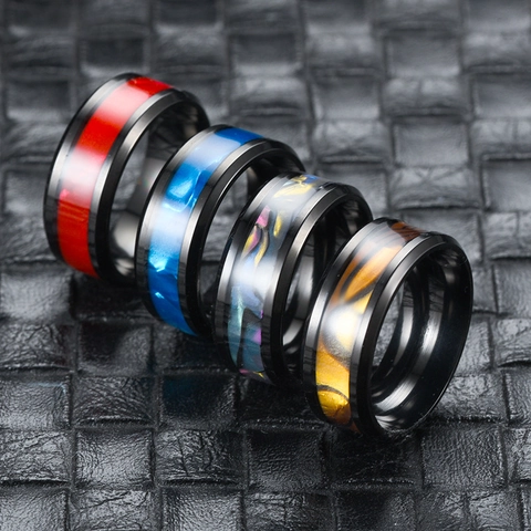 Herren Titanstahl Muscheleinlage Band Ring Minimalistisch Schwarz Edelstahl Ring Mode Schmuck Für Männer Geschenk