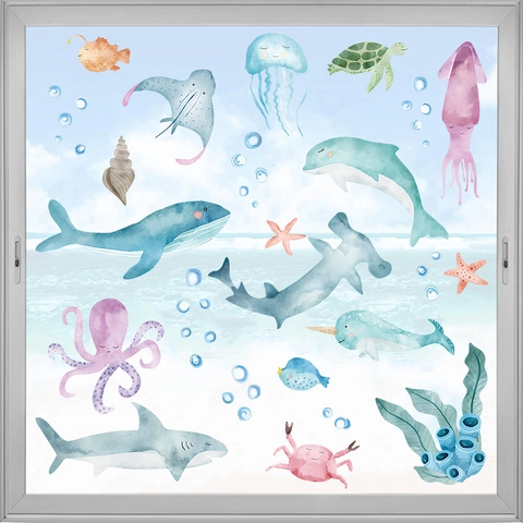 Ozean Tiere Wandaufkleber PVC Aquarell Meereslebewesen Wal Hai Oktopus Aufkleber Für Kinderzimmer Deko Abnehmbar