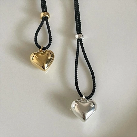 925 Sterling Silver Heart Pendant Necklace With Black Wax Cord Minimalist Simple Ins Style Korean Jewelry For Women
