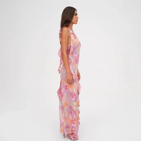 Abito Lungo Donna Stampa Floreale Rose Rosa Volant Senza Schiena Spalline Sottili Scollo A V Spacco Alto Sexy Vacanza Poliestere