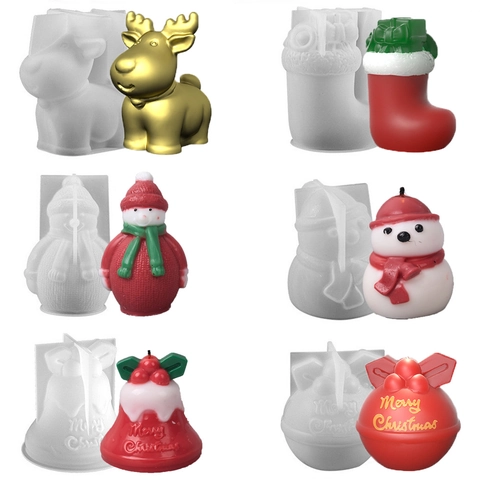 Christmas Silicone Molds 3D Reindeer Snowman Bell Sock Shapes For DIY Scented Candle Gypsum Resin Handmade Crafting