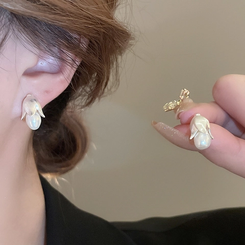 Pendientes De Botón Con Flor En Capullo Cobre Perla Artificial Y Poste De Plata Joyería Elegante Y Dulce Para Mujer