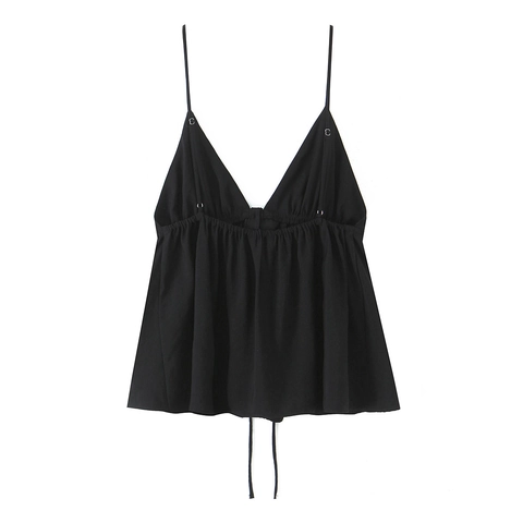 Women Sexy Spaghetti Strap Camisole Top V Neck Button Front Drawstring Waist Ruffled Hem Summer Acrylic Spandex Cotton