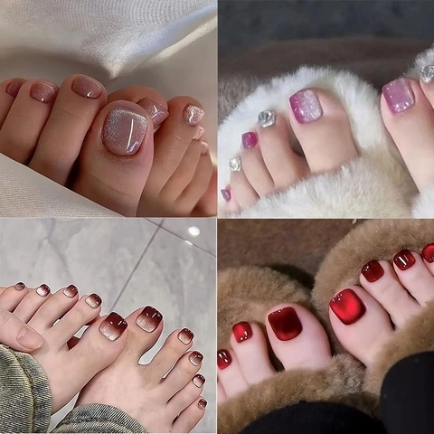 Faux Ongles De Pieds Press On Cat Eye Avec Strass Paillettes Carrés Brillants Réutilisables Pour Femmes