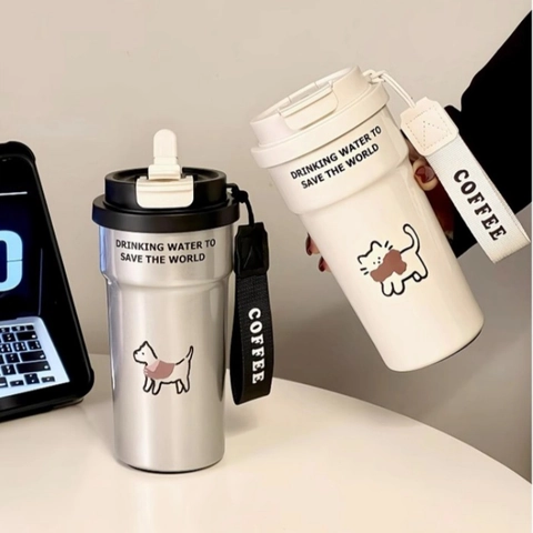 304 Stainless Steel Vacuum Insulated Coffee Tumbler With Dual Use Lid And Portable Strap Cute Cartoon Cat Dog Mug For Women