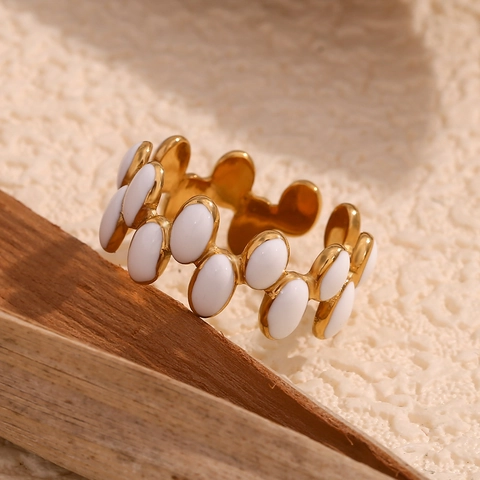 Bague Ouverte Ovale En Émail Blanc Chic Plaqué Or 18K Acier Inoxydable Géométrique Ajustable Bijoux Mode Pour Femmes