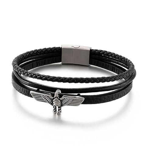 Bracciale Aquila In Pelle Multistrato Da Uomo Acciaio Inossidabile Chiusura Magnetica Gioielli Hip Hop