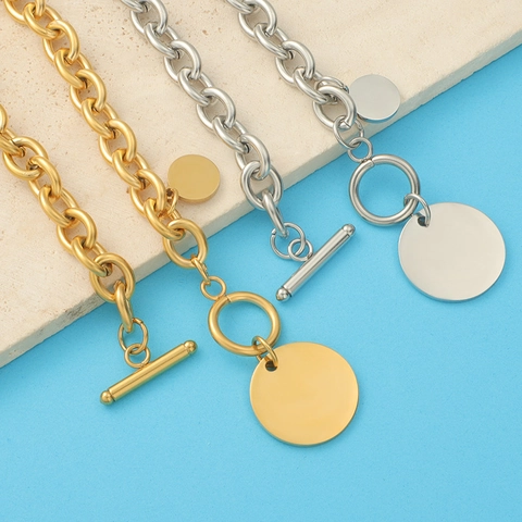 Collana Con Chiusura a Levetta Placcata Oro 18K Acciaio Inossidabile Ciondolo a Disco Rotondo Catena Spessa Gioielli Hip Hop Punk