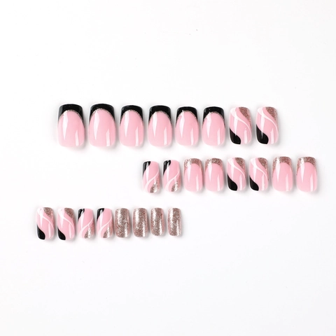 Press On Nails French Style Black White Wave Pattern Pink Long Square Plastic False Nails With Glitter For Women
