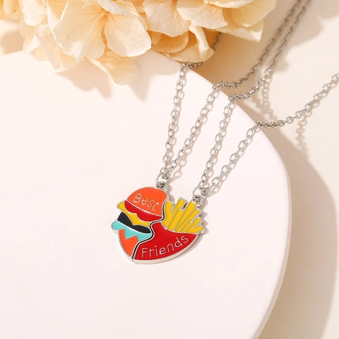 Best Friends Halsketten Set Süße Burger Pommes Herz Geteilter Emaille Anhänger Silberfarbene Legierungskette BFF Schmuck Geschenk