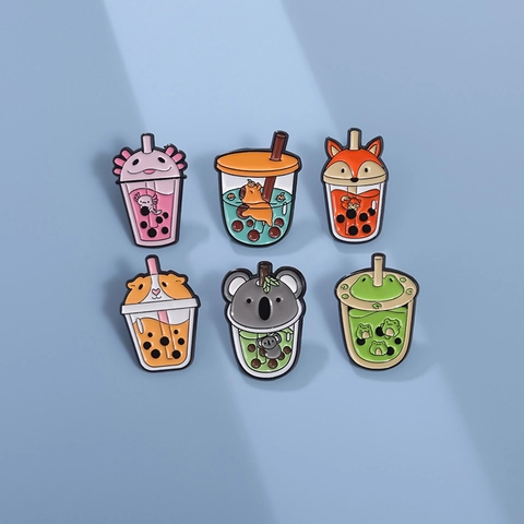 Cute Animal Bubble Tea Cup Enamel Pins Zinc Alloy Cartoon Boba Axolotl Capybara Brooches For Clothes Bags