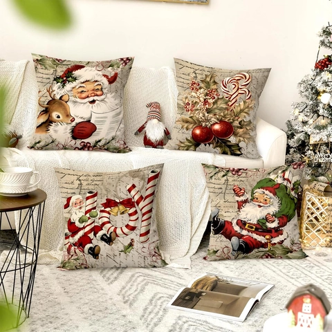 Christmas Pillowcase Holiday Home Decor Vintage Gingerbread Man Santa Reindeer Pattern Polyester Linen Texture Cushion Cover