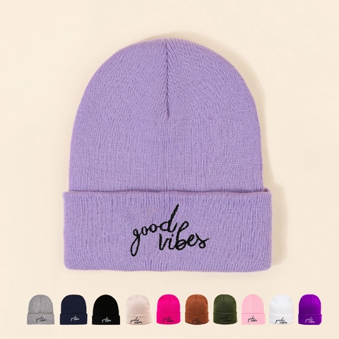 Good Vibes Letter Embroidered Cuffed Beanie Hat Warm Knitted Polyester Winter Skull Cap Fashion For Women Men
