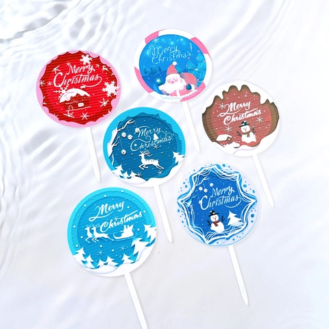 Christmas Cake Topper Inserts Acrylic Merry Christmas Round Reindeer Santa Patterns Festive Baking Party Decoration