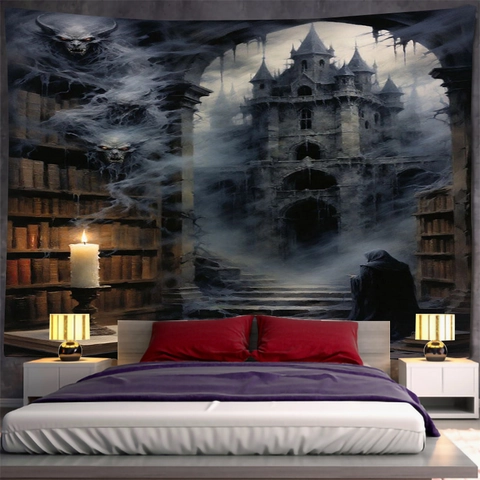 Tapiz De Halloween Colgante De Pared Poliéster Gótico Horror Castillo Oscuro Biblioteca Fantasma Misterioso Fondo