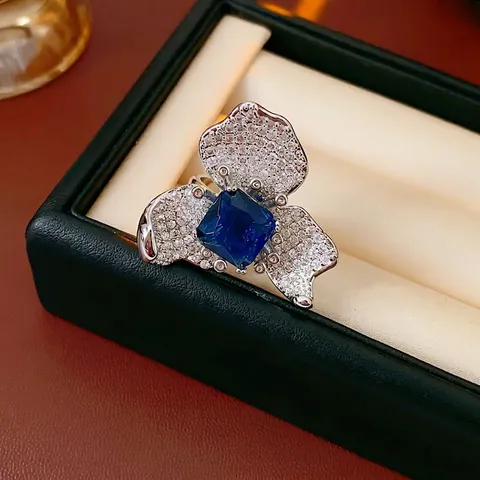 Anillo Abierto Ajustable De Flor Vintage Zircón Azul Cuadrado Pavé De Zircones Blancos Joyería De Lujo Para Mujer