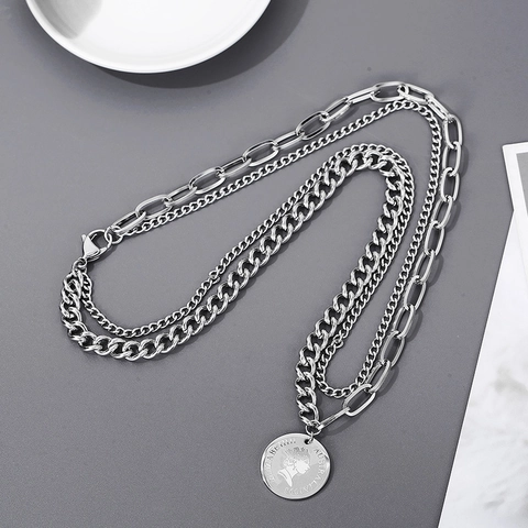 Double Layer Stainless Steel Necklace Elizabeth II Portrait Coin Pendant Cuban And Paperclip Chain Vintage Hip Hop Jewelry
