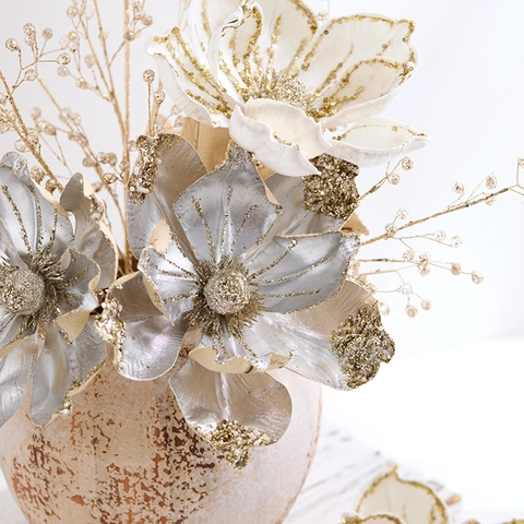 Fleurs De Noël Artificielles Paillettes Tissu Magnolia Pour Décoration De Fête Maison Mariage Or Champagne Argent Élégant