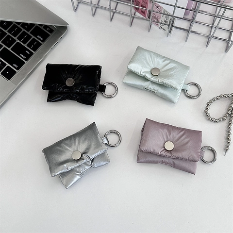 Tragbare Puffer Kopfhörer Tasche Gestepptes Metallisches Polyester Mini Case Mit Haken Und Druckknopf Für Kabellose Headsets