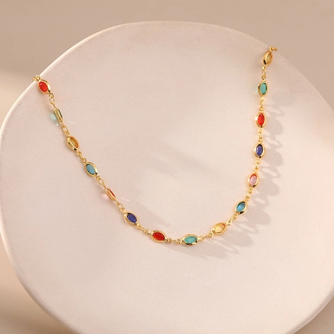 Collar de Colgante de Vidrio Colorido Bohemio Cadena de Cobre Chapado en Oro 18K Estilo Étnico Multicolor para Mujer