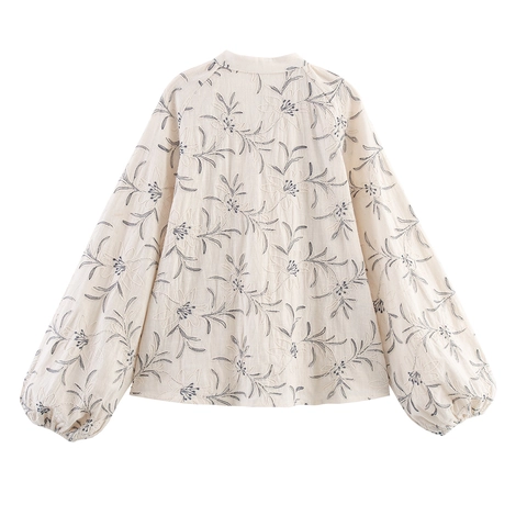 Women Floral Embroidery Blouse Faux Linen V Neck Tie Front Lantern Sleeve Loose Retro Boho Casual Ladies Shirt Top