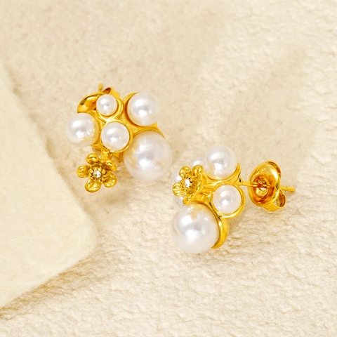 Orecchini A Lobo Con Fiori Di Künstliche Perle Placcati In Oro 18K Acciaio Inossidabile Stile Francese Vintage Gioielli Eleganti Donna
