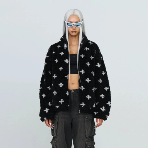 Giacca In Pile Da Donna Cappotto In Lana D'agnello Sintetica Spessa Colletto Rialzato Cerniera Streetwear Stampa A Croce