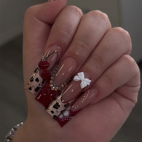 Handmade Press On Nails Square Long Leopard Print Red French Cherry 3D Bowknot Rhinestone Fake Nails For Women