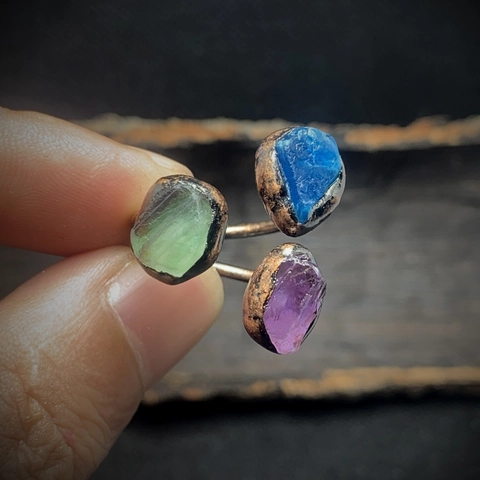 Handmade Antique Copper Open Adjustable Ring With Natural Amethyst Green Fluorite Blue Apatite 3 Stone Bohemian Jewelry