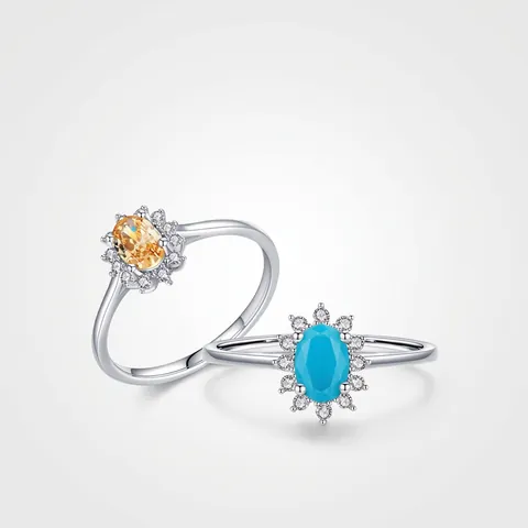 Vintage Ring Aus 925 Sterlingsilber Ovaler Türkis Champagner Zirkon Sonnenblume Halo Schmuck Für Damen