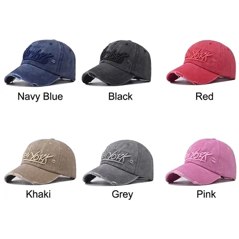 New York Embroidery Baseball Cap Washed Cotton Distressed Ripped Peaked Hat Vintage Streetwear Outdoor Unisex Adjustable