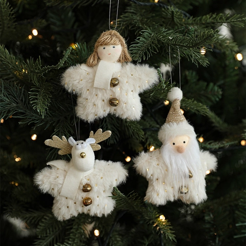 Adornos Colgantes Para Árbol De Navidad De Felpa Blanca Con Lentejuelas Doradas Y Campanas Ángel Papá Noel Muñeco De Nieve