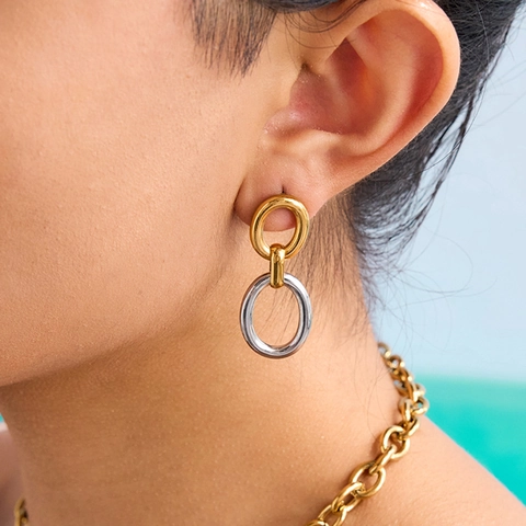 Stainless Steel Interlocking Oval Link Drop Earrings Gold And Silver Two Tone Geometric Hypoallergenic Jewelry For Women
