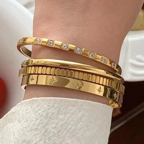 Zircon Geometric Open Bracelet Titanium Steel Gold Plated Shiny Stackable Bangle Fashion Hand Jewelry For Women