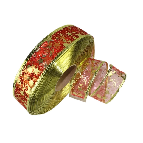 Christmas Ribbon 100 Yards Gold Stamping Music Notes Stars Sheer Organza For Tree Decoration Gift Wrapping Party Decor