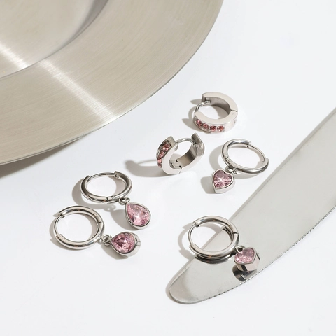 Hoop Drop Oorbellen Roestvrij Staal Roze Zirkoon Hart Waterdruppel Rond Edelsteen Geometrisch Hypoallergeen Sieraden