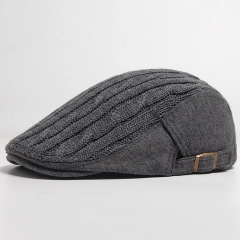 Herren Schiebermütze Strick Baumwolle Flat Cap Zopfmuster Warm Winddicht Vintage Verstellbar Lässig Wintermütze
