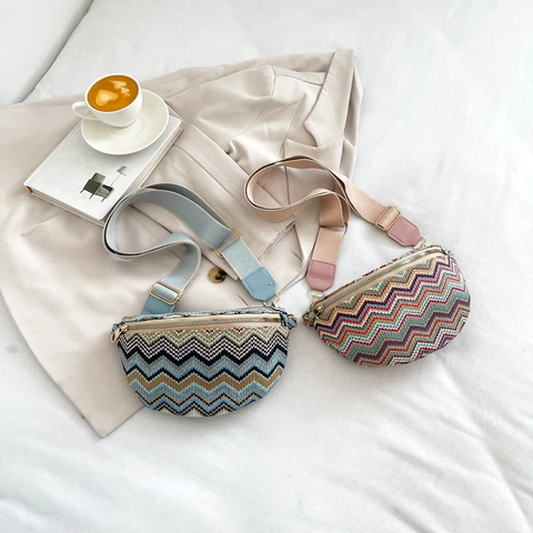 Sac Banane Tissé Tricoté Femmes Boho Motif Zigzag Sac De Poitrine Avec Bandoulière Réglable Mode Décontractée Crossbody